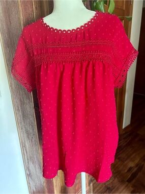 Red Eyelet-Trim Short Sleeve Tunic